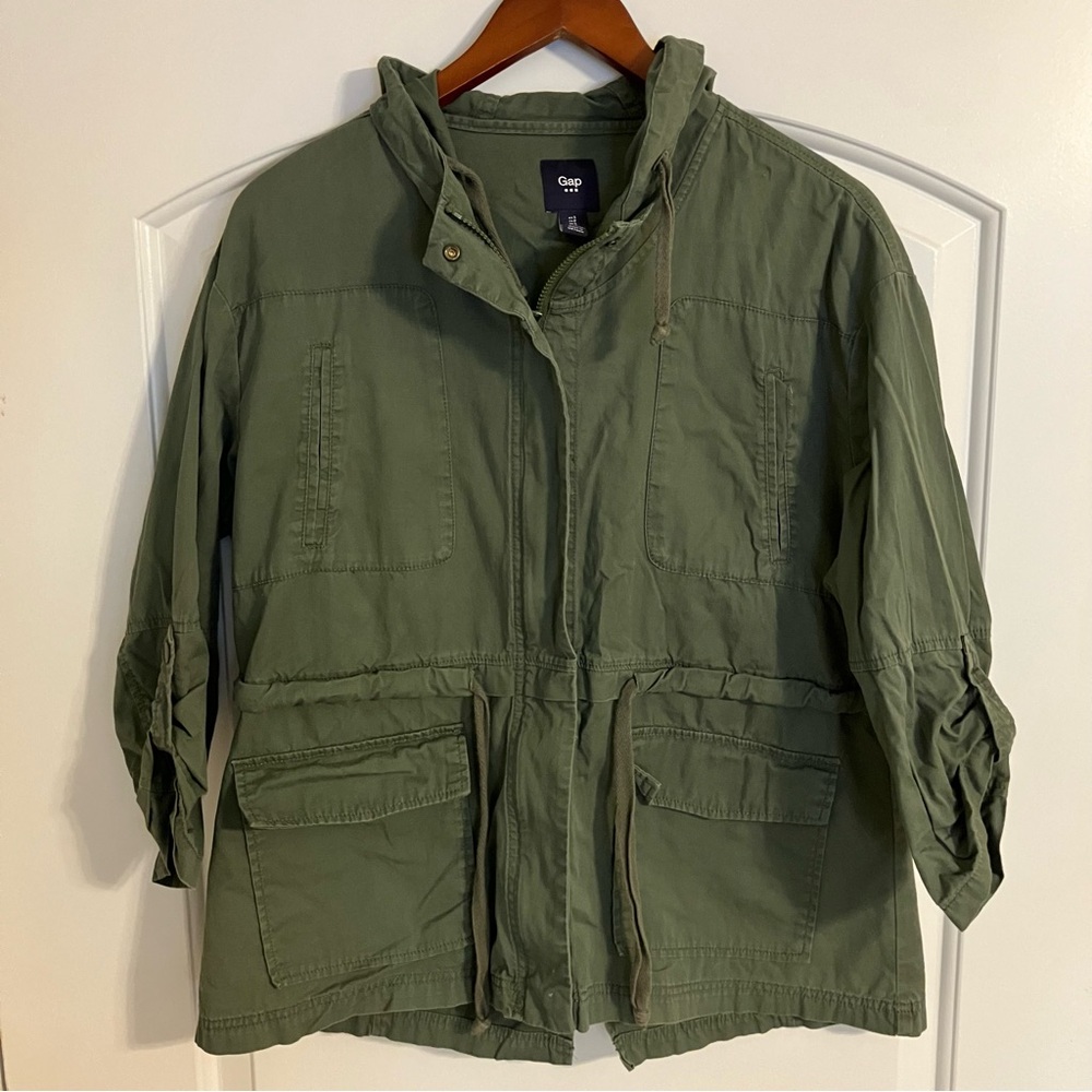 Gap Women's Utility Jacket Olive Baby Tweed Size Small 3/4 Sleeve Full Zip‎